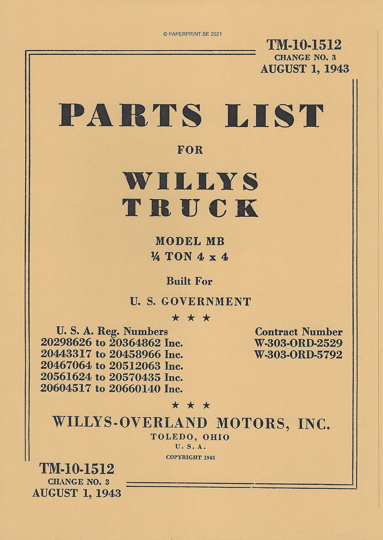 TM 10-1512 US PARTS LIST FOR WILLYS TRUCK MODEL MB